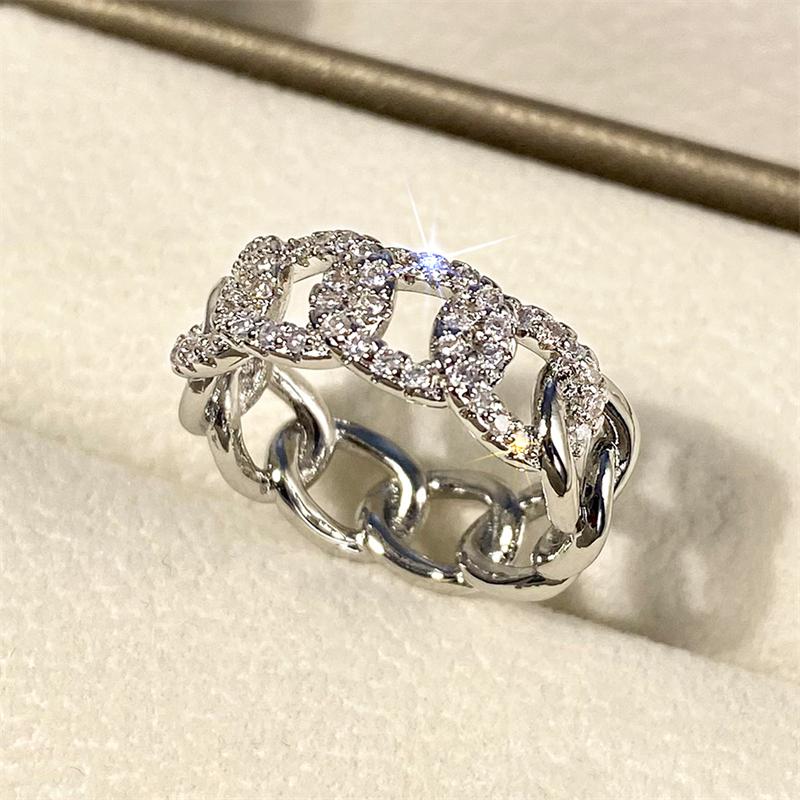 Huitan Chain Linked Design Finger Rings for Women Full with Dazzling Cubic Zirconia Statement Female Wedding Accessories Jewelry