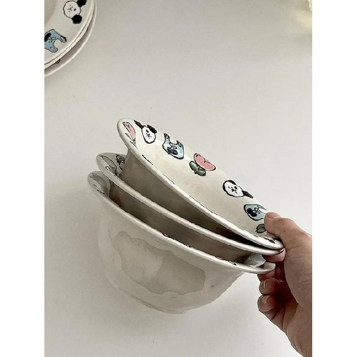 Home Use Ceramic Salad Bowl Relief Craft High Aesthetic Value Yogurt Bowl Straw Hat Shape Style Cartoon Pattern Bowl