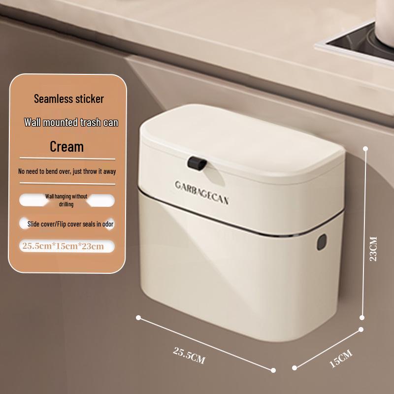 Kitchen Hanging Trash Can, Cream White Wall-Mounted with Lid, No-Marking Sticker, Household Cupboard Waste Basket.
