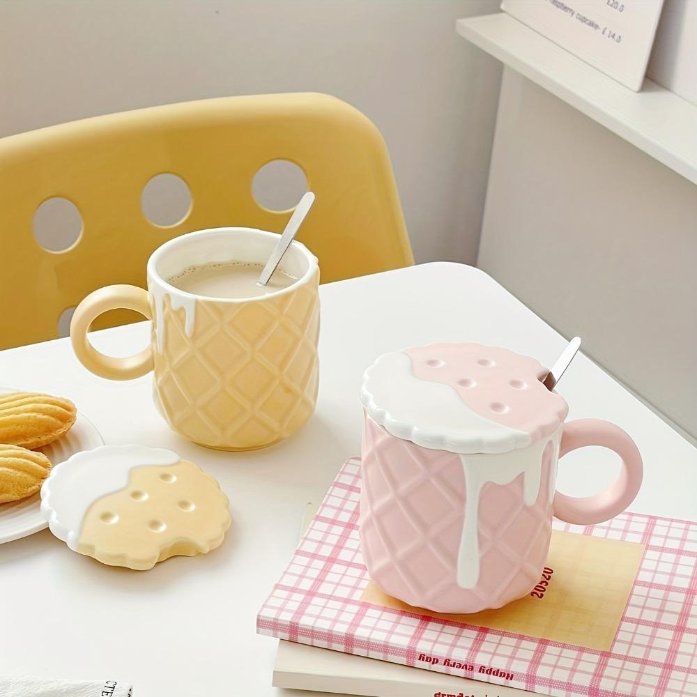 Кофейная кружка с узором печенья, 1 шт., с крышкой и ложкой, 14,2 унции, керамические кофейные чашки, милая кавайная чашка для воды, летняя зимняя посуда для напитков, подарки