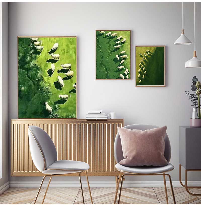 Modern Minimalist Pastoral Frameless Canvas Poster, Green Background with Sheep Herd, Wall Mural for Home Decor