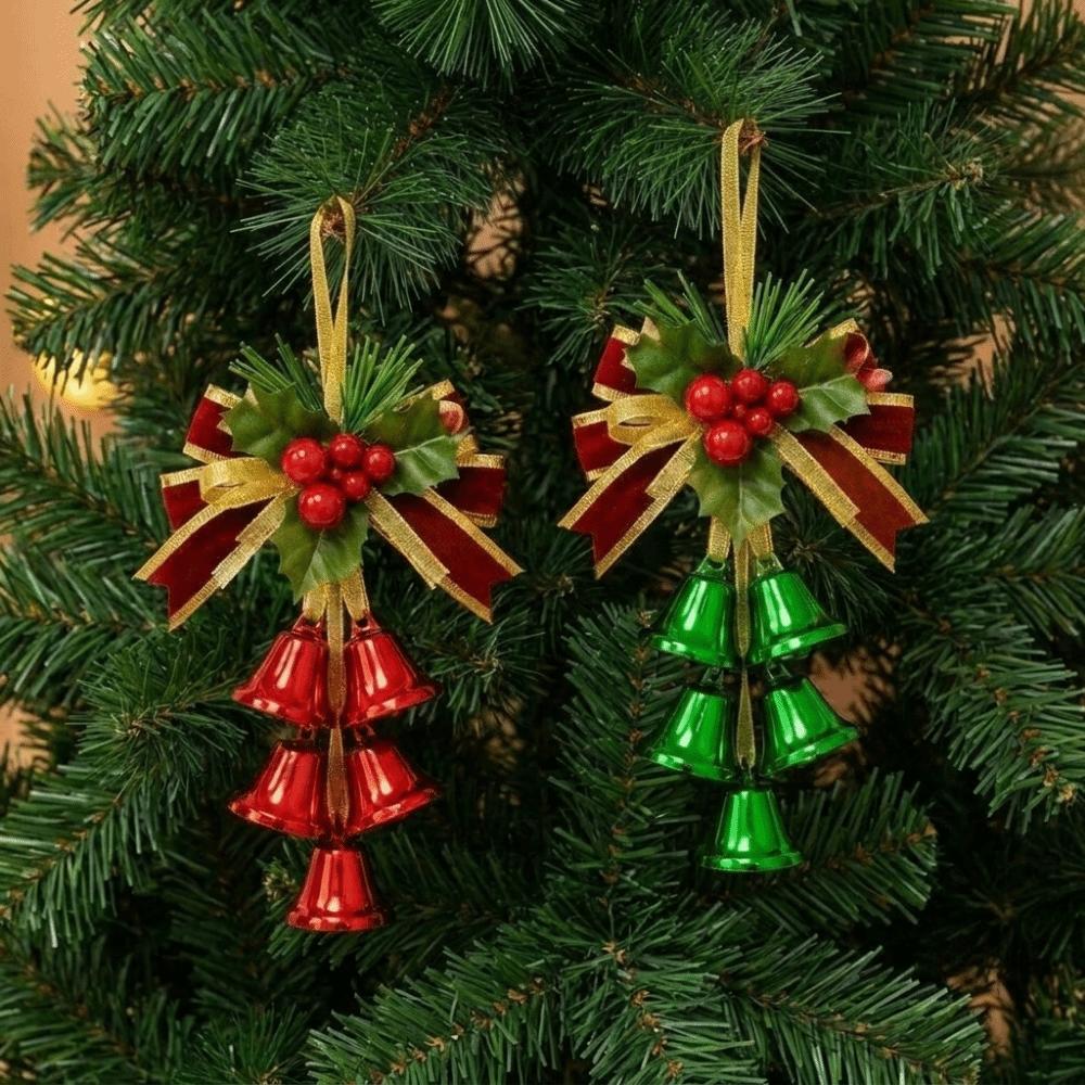 Artificial Pine Sprig Christmas Bell Pendant Velvet Bow Xmas Bow Bell Hanging Decor Front Door