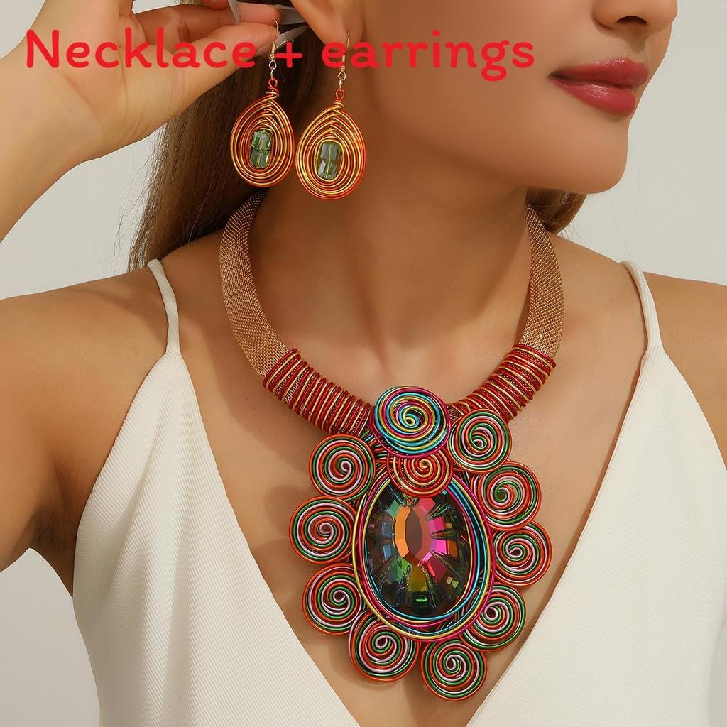 Бохо Набор Украшений Весна 2025 С Позолоченным Хрустальным Подвесом И Художественными Серьгами-Каффами Для Женщин