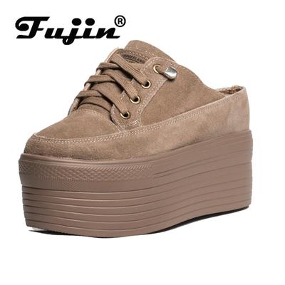 Fujin 10 см 12 см, замшевая обувь из натуральной кожи, модная женская обувь, увеличивающая рост, женская повседневная женская обувь на танкетке без шнуровки, летняя обувь