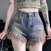 Spicy Girl Retro High Waisted Fringed Denim Shorts for Women In Summer A-line Distressed Hip Hugging Wide Leg Hot Pants