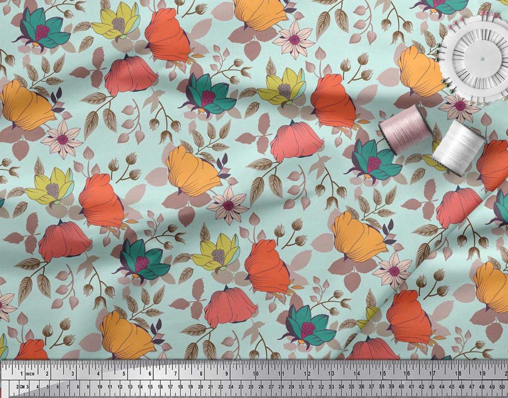 Soimoi Japan Crepe Satin Fabric Leaves & Floral Artistic Fabric Prints By Metre 42 Inch