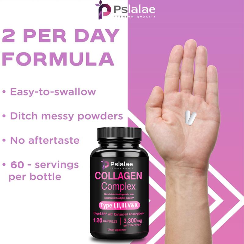 Collagen complex capsules containing hydrolyzed fish collagen peptides, 3300 mg, dietary supplement, suitable for adults.