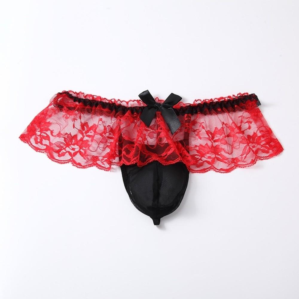 Bowknot Men Lace Hollow Thongs Underpants Male Briefs Transparent Men's Sheer Lace Panties Men