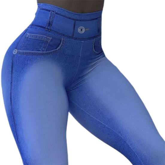 Yousheng High Waist Pockets Tummy Control Butt Lifting Fitness Leggings Gradient Color Push Up Imitation Jeans Skinny Women Yoga Pants Activewear
