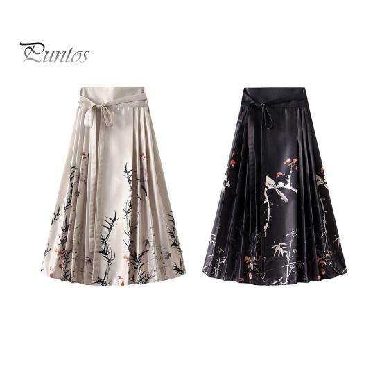 Chinese Style Women Maxi Skirt High Waist Vintage Skirt Elegant Flower Bird Print Hanfu Skirt Pleated Lace-up Horse Face Skirt