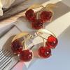 Medieval Plain Gold Cherry Personalized Brooch, Retro Hong Kong Style Niche Temperament Red 925 Silver Needle Earrings