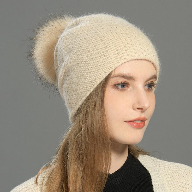 Versatile rabbit velvet knitted hat women's bright silk solid color outdoor wool hat fashion warm ear protection windproof