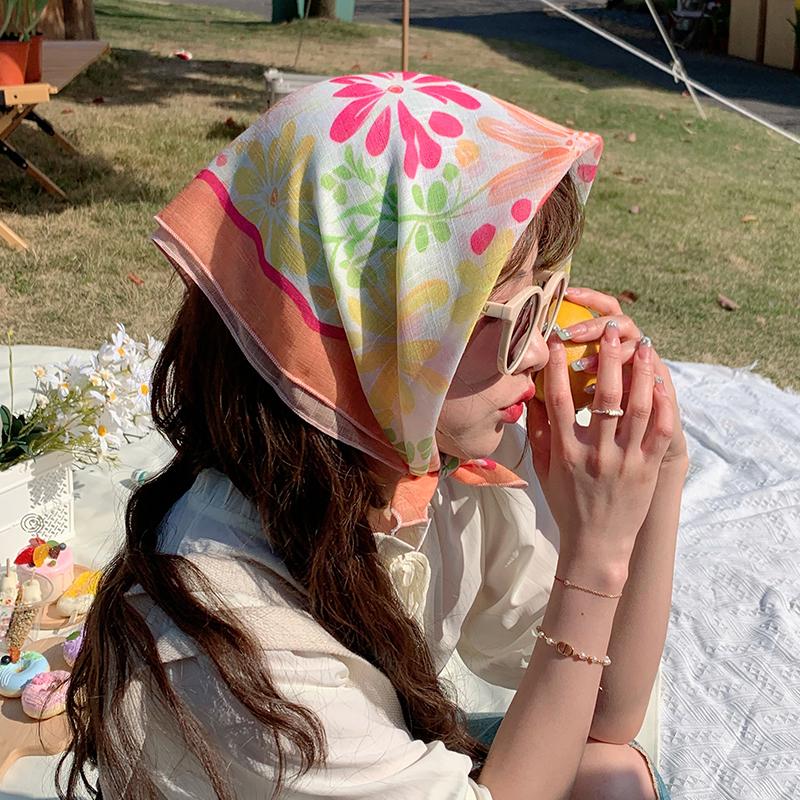 Korean flower small silk scarf thin cotton and linen square scarf sun protection neck thin scarf decorative headband multi-functional headscarf