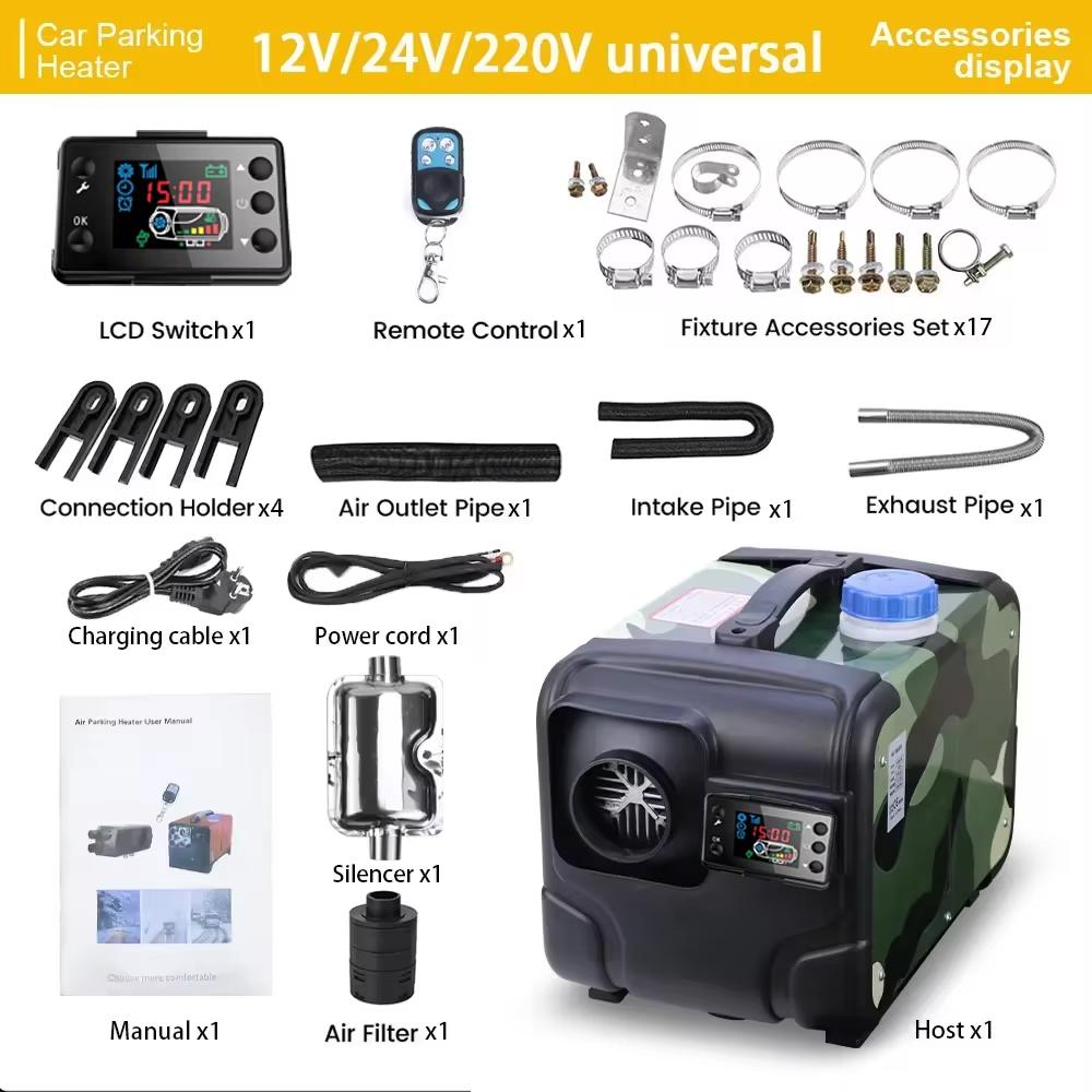 12V 24V 5000W Автомобильный отопитель Воздушный дизельный отопитель Алюминиевый корпус Воздушный парковочный отопитель Обогреватель Беспроводной ЖК-пульт дистанционного управления Подогреватель двигателя
