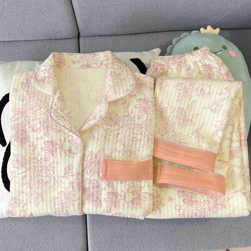 National style flowers autumn and winter new warm air cotton middle-aged and elderly mother retro high-end loungewear suit