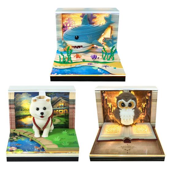 2026 Time Piece Calendar with LED Light 3D Dog Sticky Notes Tear Away Mini Desk Weekly Calendar Paper Craft Art Memo Pad Notepad Desktop Decoration