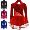 Girls Sparkling Sequins Dance Dress Mock Neck Long Sleeve with Velvet Patchwork Tutu Skirt for Performance 6-14