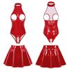 Womens Fashion Lingerie Patent Leather Open Cup Skinny Bodysuit with Skirt Wedding Night Outfits