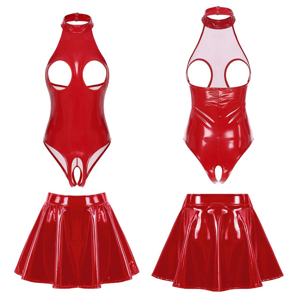 Womens Fashion Lingerie Patent Leather Open Cup Skinny Bodysuit with Skirt Wedding Night Outfits