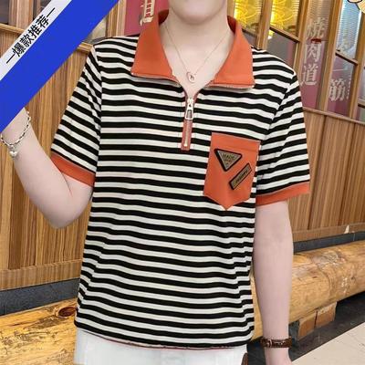 Летний топ с короткими рукавами на молнии с лацканами для женщин среднего возраста с универсальной свободной облегающей футболкой и базовой рубашкой