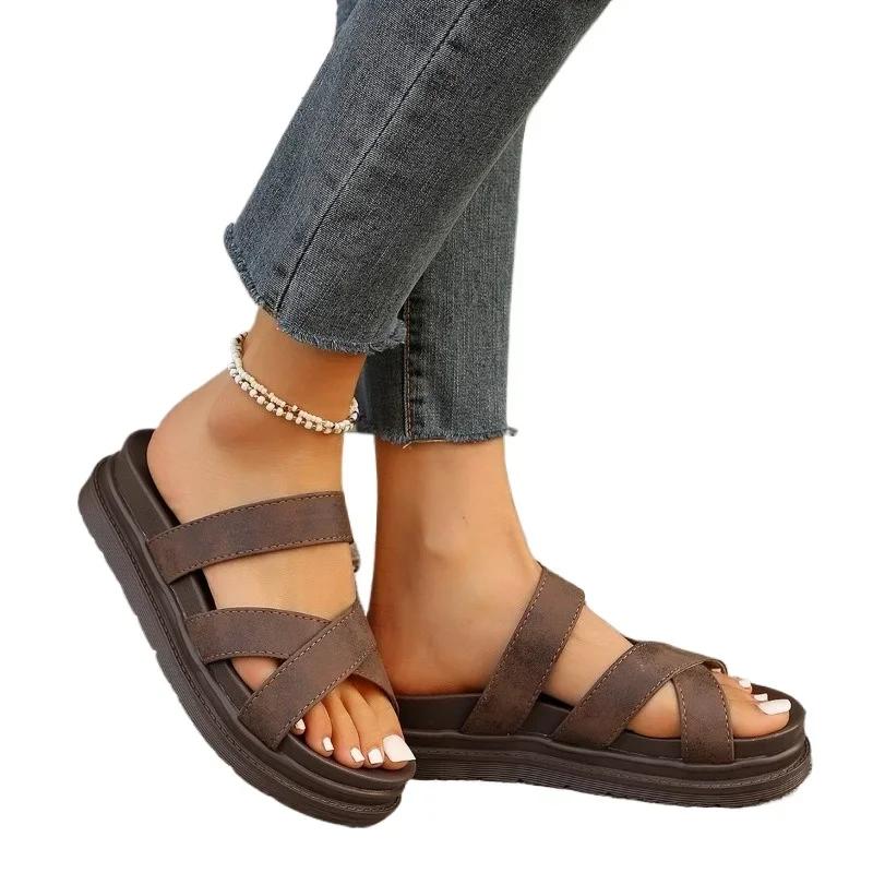Summer Flat Women's Slippers Gladiator Beach Sandals Slides Cross Belt Platform Solid Colour Heeled Flip Flops Size 36-43