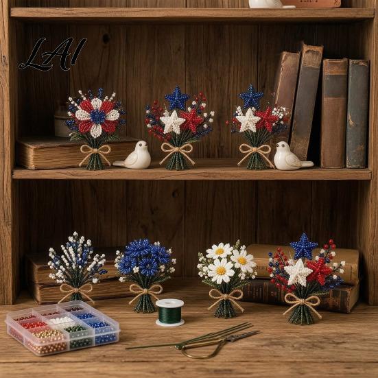 Handmade Flower Bouquet 3D Beading Kit America 250th Anniversary Beaded DIY Small Kit Bead Art Set for Adults Beginners Office Decoration Craft