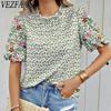 Женские модные повседневные летние весенние блузки и рубашки с цветочным узором и коротким рукавом с круглым вырезом
