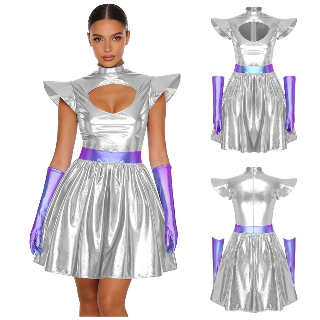 S-3XL Женский костюм для косплея инопланетянки, Металлическое блестящее платье, Вырез на шее и структурированные наплечники с перчатками для вечеринки в космической тематике