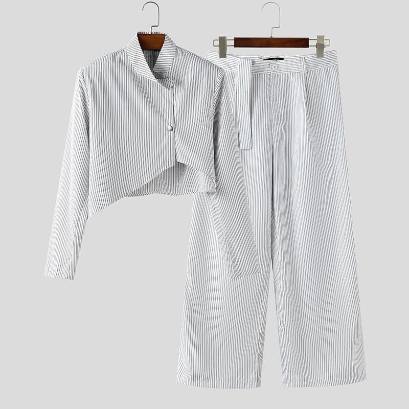 INCERUN Мужские наряды Стойка воротник Полосатый Длинный рукав Кроп-топы На молнии С высокой талией Длинные брюки Комплекты