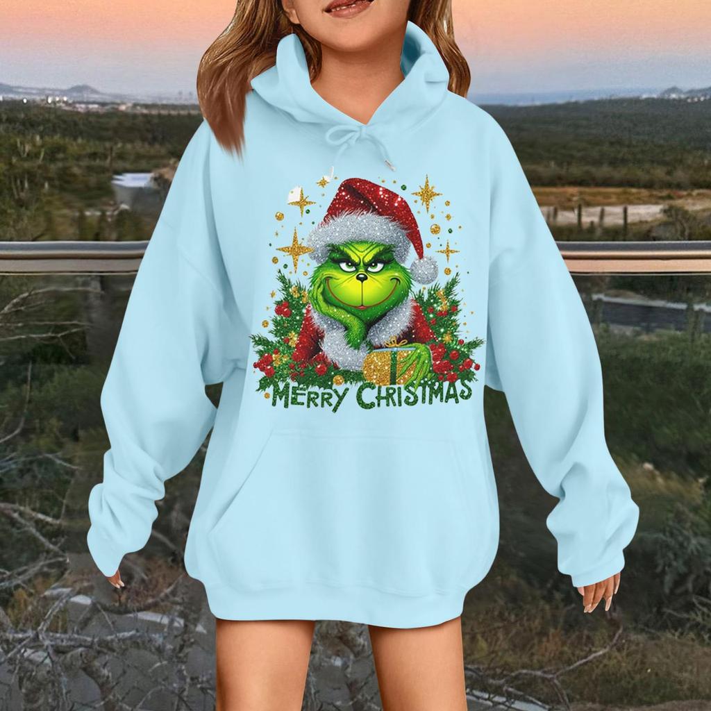 Children's Fashionable Casual Long-sleeved Loose Christmas Print Pullover Hooded Sweatshirt