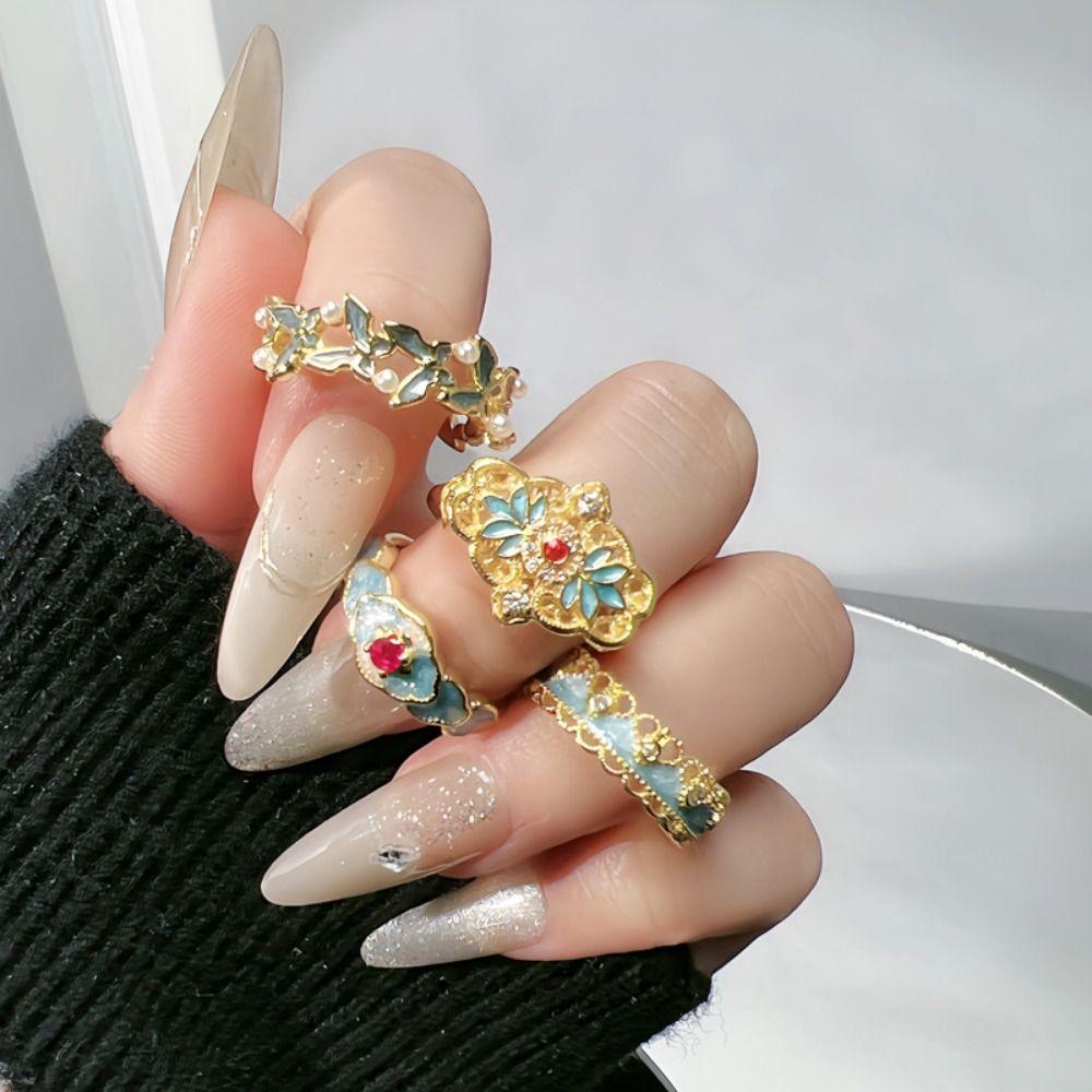 Прозрачное эмалевое кольцо Изысканные металлические открытые кольца Модные китайские винтажные кольца Ежедневно