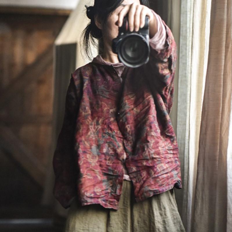 Johnature Женские льняные рубашки с цветочным принтом, топы на пуговицах, блузки высокого качества, свободные винтажные женские рубашки