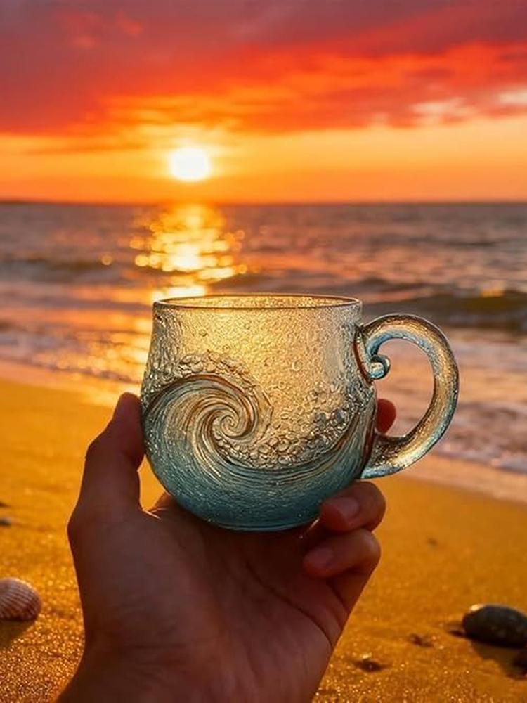 Стеклянная кружка Wave Glass 12 унций, уникальная, с текстурой, тематика "Любители пляжа", для рабочего места, путешествий, бара, кухни, домашнего кафе, вечеринки