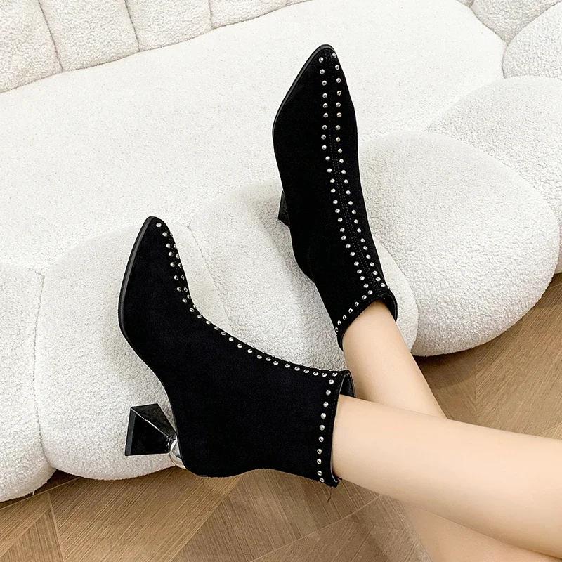 Женские ботильоны, зимняя мода 2024, женские ботинки с острым носком, размер 42, модные простые элегантные женские модельные туфли на высоком каблуке