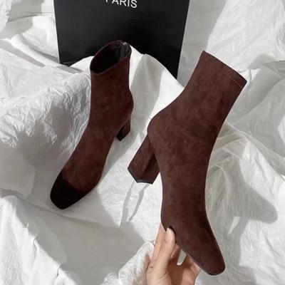 Квадратный Высокий Каблук Женские Ботильоны Модные Молнии Туфли Ретро Стиль Осень Зима Квадратный Носок Дамы Танцы