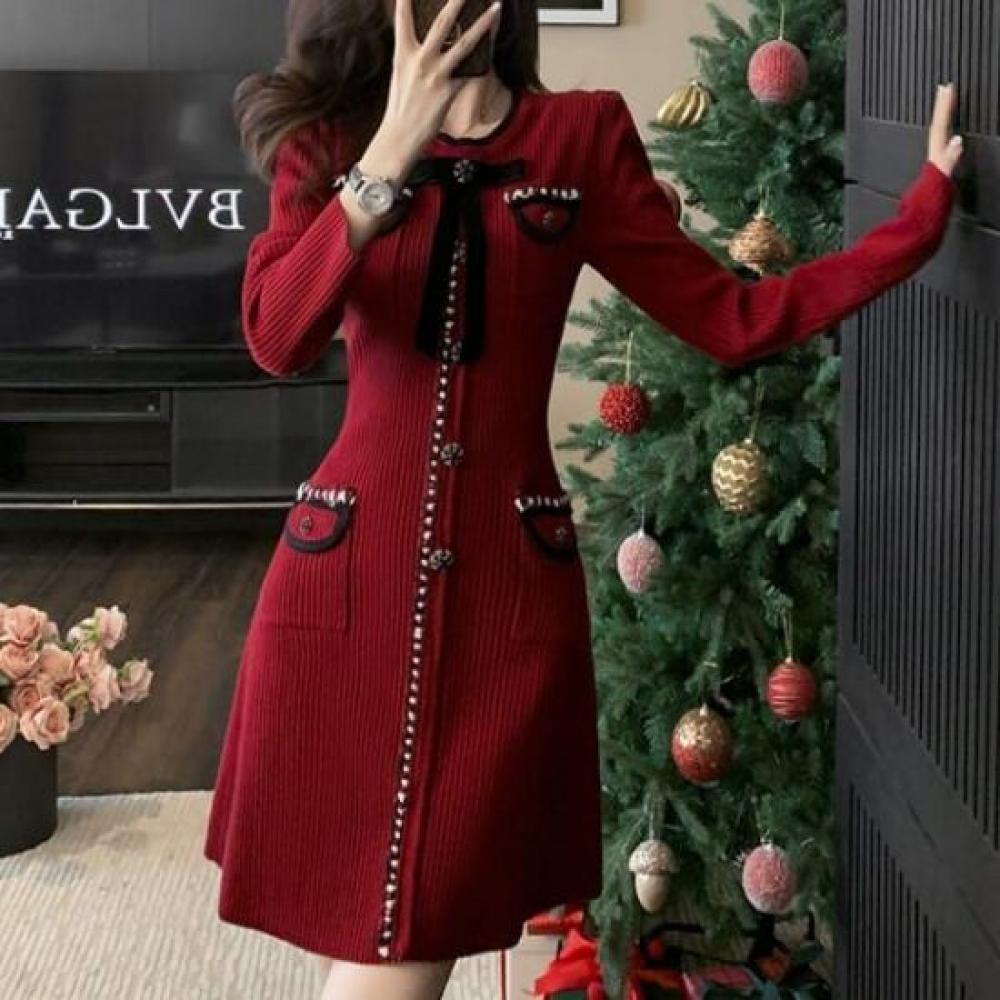 Navava Women Vintage Long Sleeve Mini Knit Dress No852