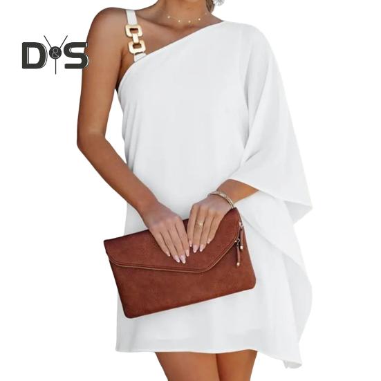 Летнее женское платье с одним рукавом «летучая мышь» с открытыми плечами, нерегулярный принт, наклонный вырез, свободная цепочка, декор, пляжное мини-платье для отпуска