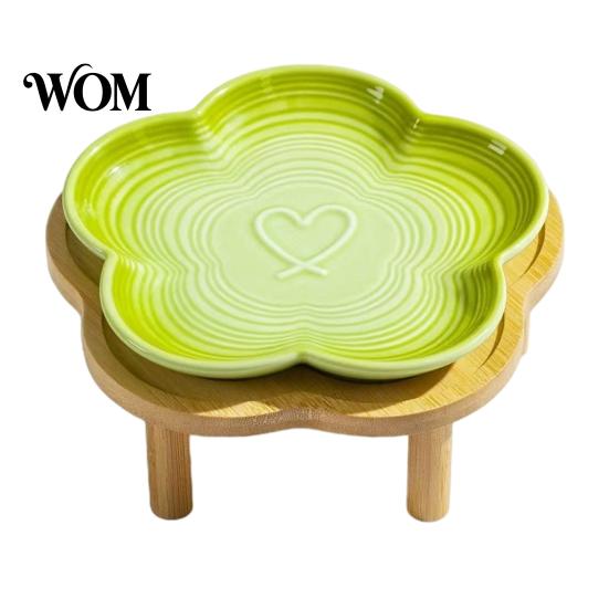 Shallow Pet Dining Plate Elevated Ceramic Bowl with Raised Stand, Flower Shape Whisker Friendly Cat Food Stand Feeding for Neck Protection, Anti Slip