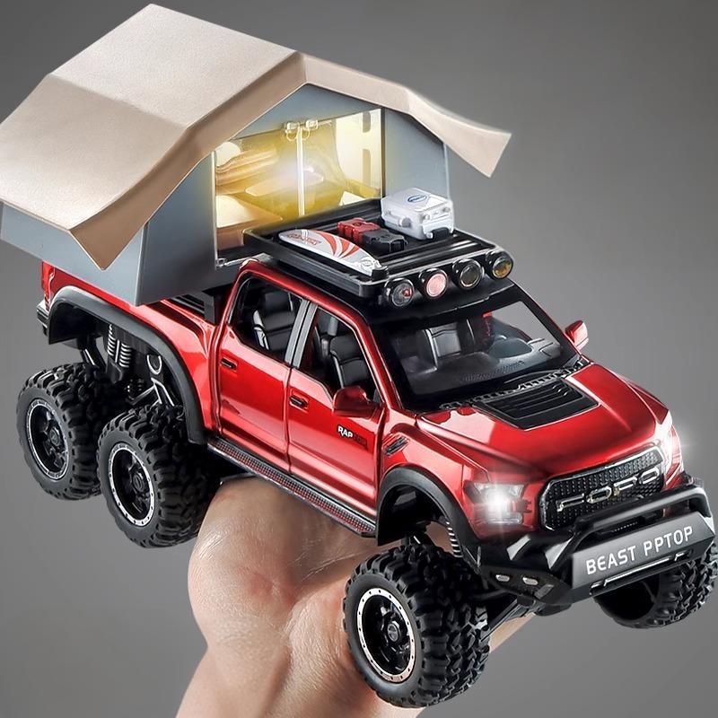 Масштаб 1/24 Ford F150 Кемпинг Дом на колесах Сплав Металл Литой Внедорожный Пикап Модель Машины Звук и Свет Украшения Подарки для Ребенка Парня Подарок