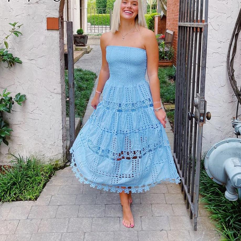 Hollow Out Dresses For Women Strapless Sleeveless High Waist Embroidery A Line Solid Backless Dress Female Fashion