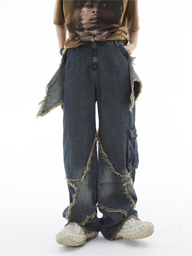 American Retro Distressed Wide-Leg Jeans with Pentagram Design and Big Pockets for Men