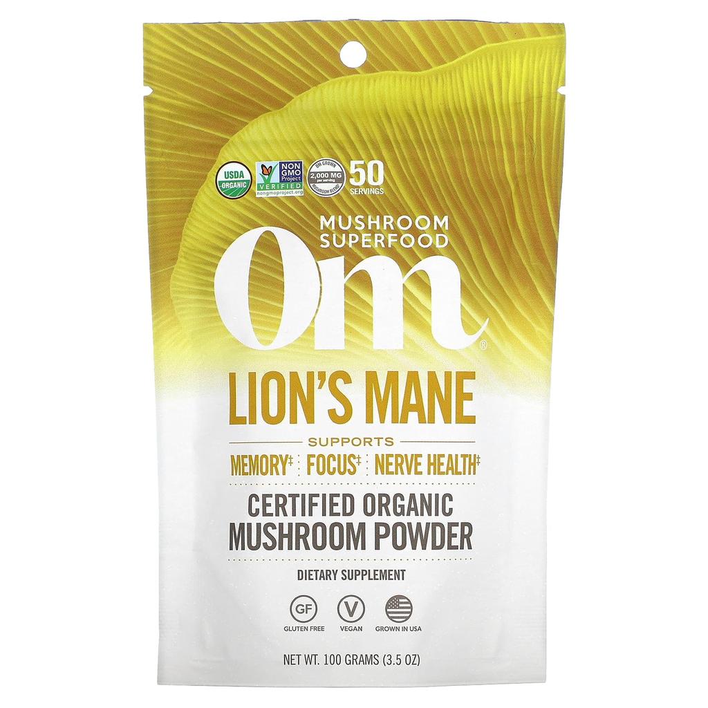 Om Mushrooms Lion's Mane Mushroom, 100% Certified Organic Mushroom Powder, 3.5 Oz (100 G)