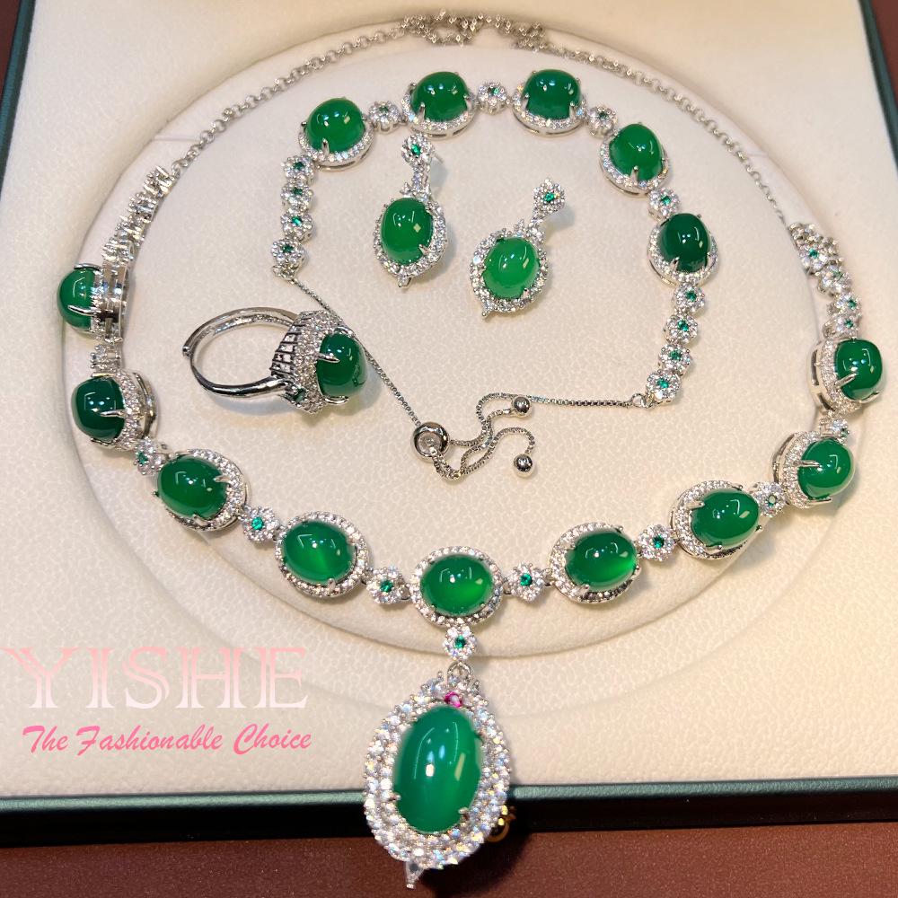 Винтажный китайский ювелирный набор из сапфира и халцедона: Коллекция из четырех предметов высокого класса с посеребрением и медным покрытием