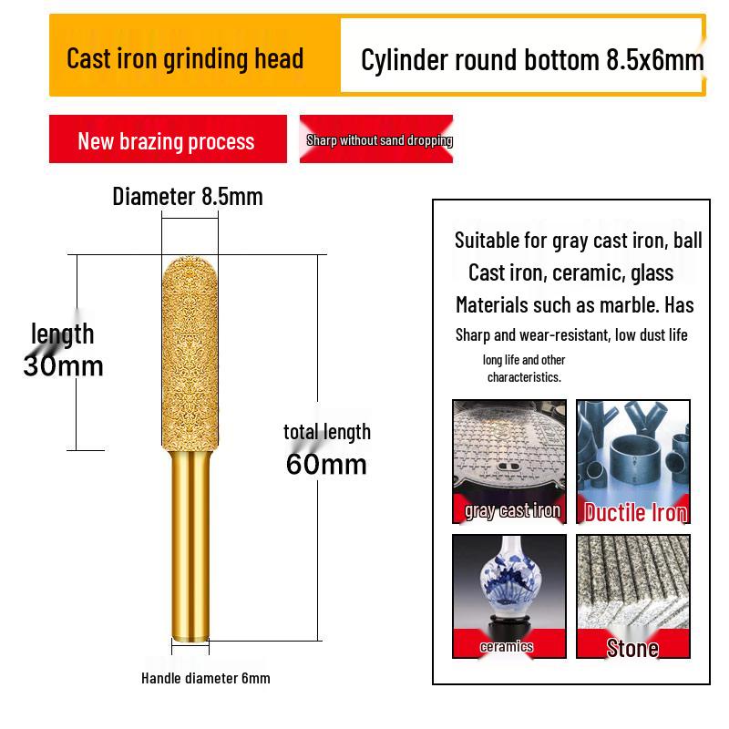 Diamond Brazed Carbide Grinding Head for Ductile Iron & Stone, Compatible with Electric Drills