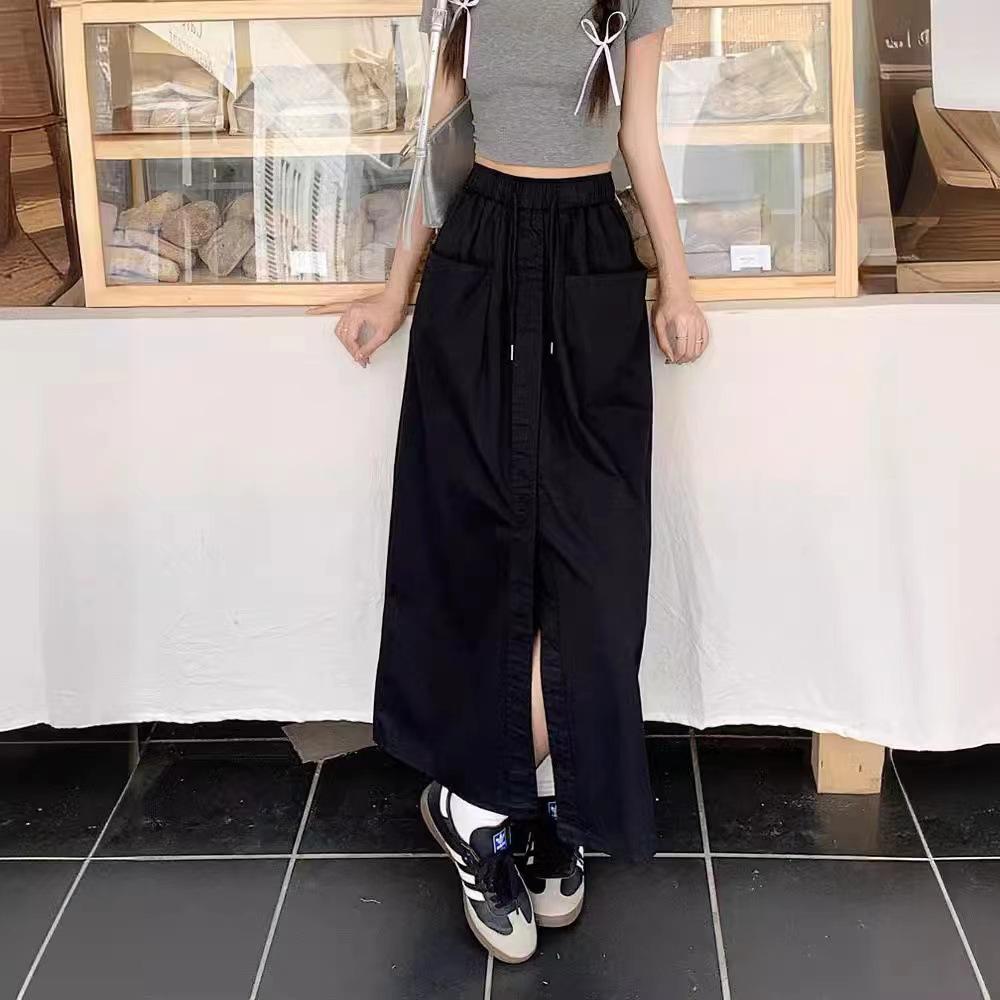 2024 Women's Summer Top Double Pocket Design Half Length Skirt Loose Large Split A-line Skirt