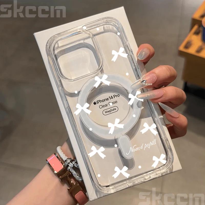 Pink Blue Bow Magsafe Magnetic Case For iPhone 16 15 14 13 12 11 Pro Max X XR XS 7 8 16 Plus Wireless Charging Clear Hard Cover