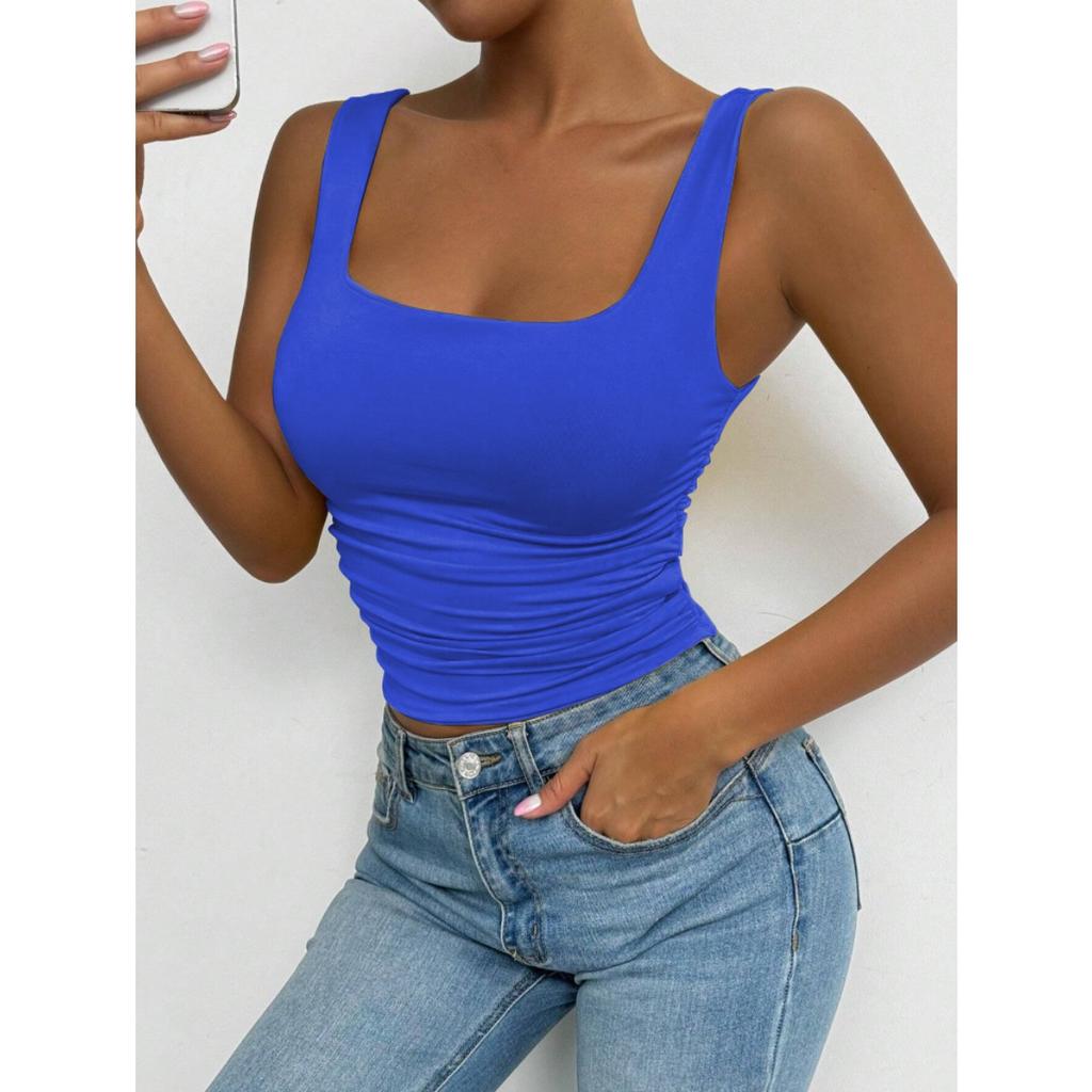 Women's Sleeveless Camisole Vest with Square Neckline, Casual Basic Style, Exposed Navel Top