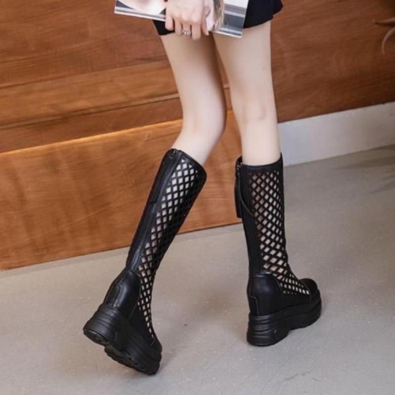 Модные дышащие сандалии из натуральной коровьей кожи высотой 11 см, скрытый каблук, лодыжки, мотоциклетные ботинки, высокие туфли на платформе и танкетке