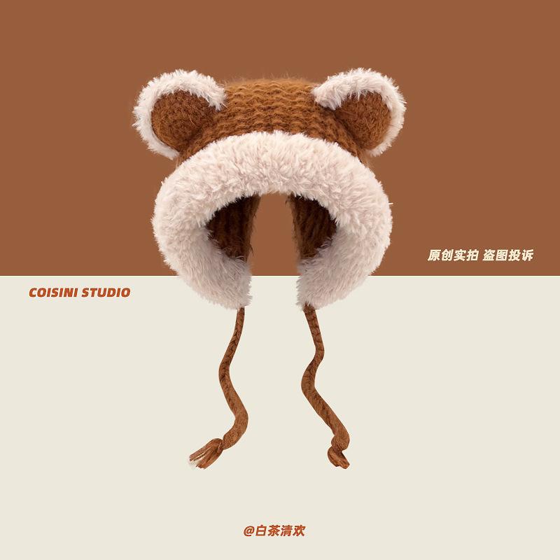 2025 new cute bear ears burr edge knitted wool hat children's warm versatile student ear hat