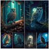Mysterious Owl Art Under the Full Moon Wall Oil Painting Magic Night Cat Art Poster and Printing
